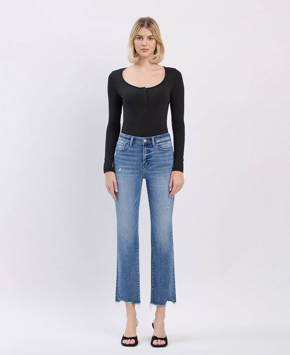 High Rise Uneven Raw Hem Slim Straight Jeans