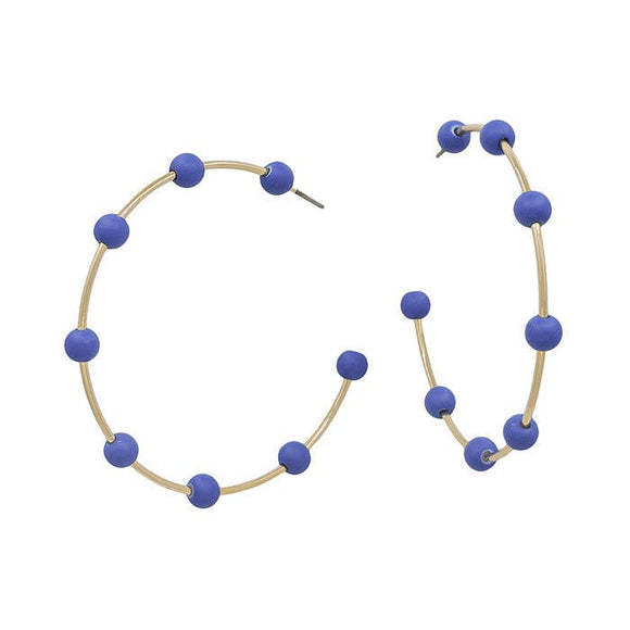 Gold Hoop with Royal Blue Color Coated Metal Beaded Accents Earring