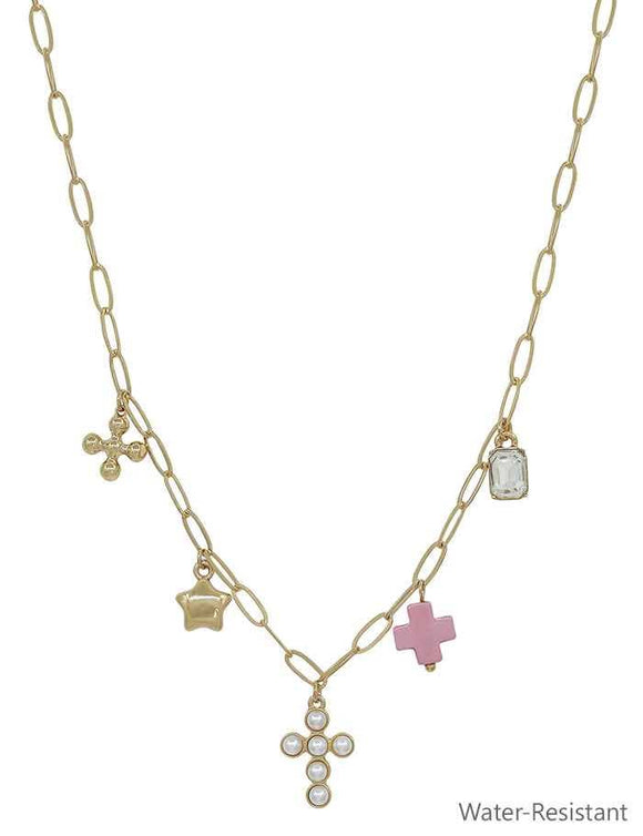 Gold Chain with Pearl Beaded Cross, Pink Cross, Star Charm Necklace