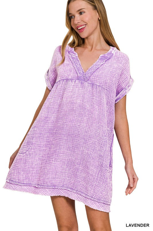 Washed Raw Edge V-Neck Dress