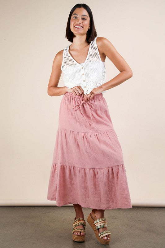 Elastic Waist Tiered Maxi Skirt