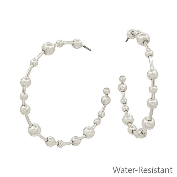 Water Resistant Silver Graduated Beaded Hoop Earring