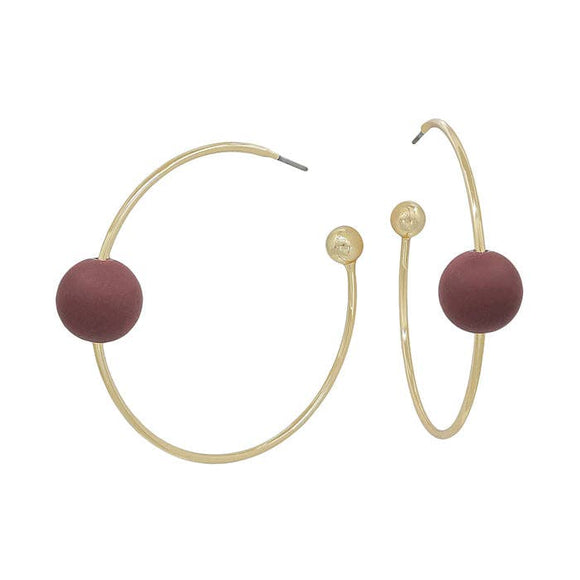 Gold Thin Hoop with Maroon Beaded Accent