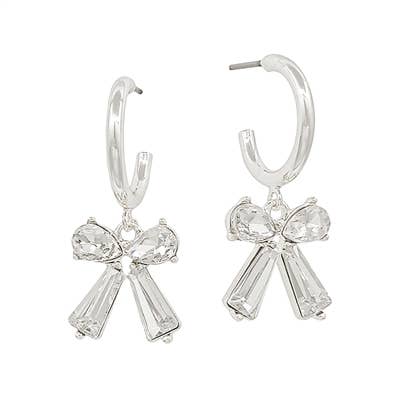 Clear Crystal Bow On Small Silver Hoop Earring