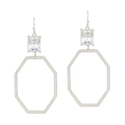 Silver Open Octagon with Crystal Earring (2