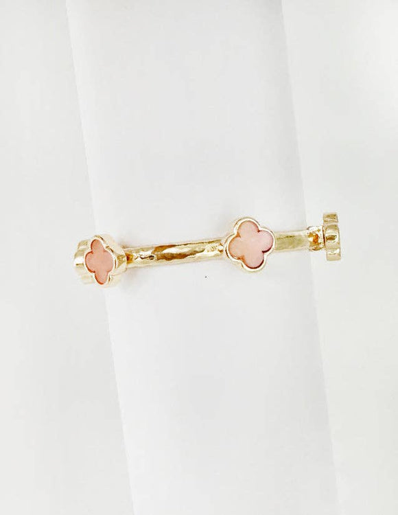 Gold Bracelet with Pink Natural Stone Clover Stretch Bracelet