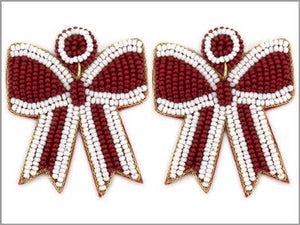 Maroon and White Bead Bow Earring