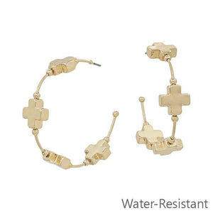 Water Resistant Gold Wired with Gold Cross Hoop Earring
