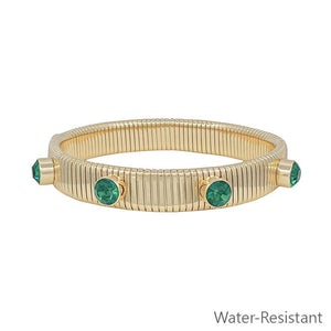 Ribbed Stretch Bracelet with Green Crystal Accent (Water Resistant)