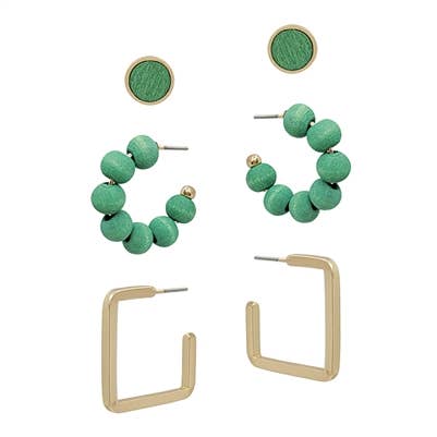 Set of 3 Green Wooden Stud, Huggie Hoop, and Gold Earrings