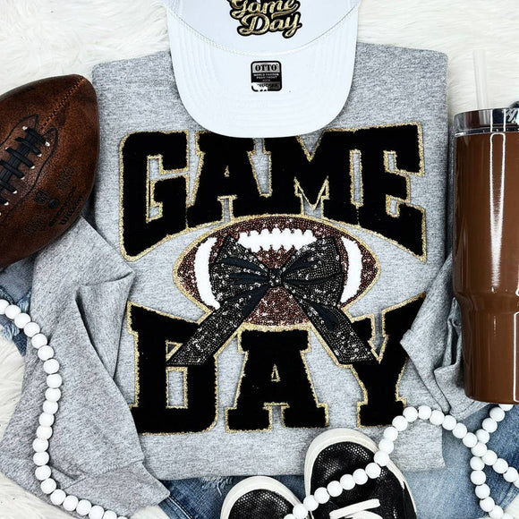 Black Chenille Game Day with Sequin Bow Patch