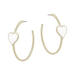 White Heart on Gold Hoop Earring (2")