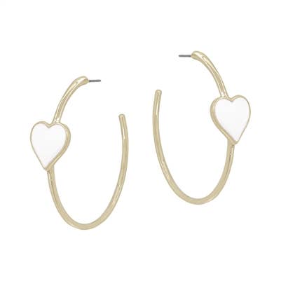 White Heart on Gold Hoop Earring (2