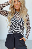 Black Checkered Mesh Long Sleeve Top